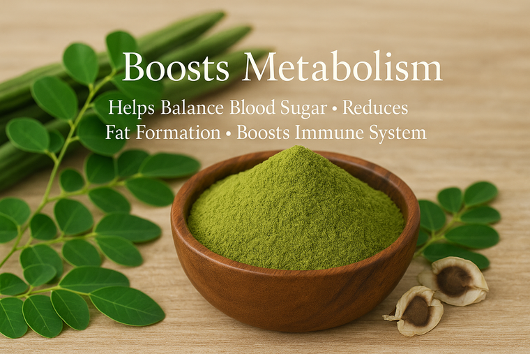 generate me a photo of a picture of morgina and it saying boosts metabolism also helps balance blood sugar and reduces fat formation and booost immune system