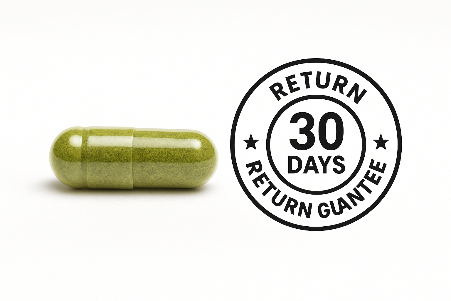 generate me a pictre of morgina capsule next to 30 days return guartnee