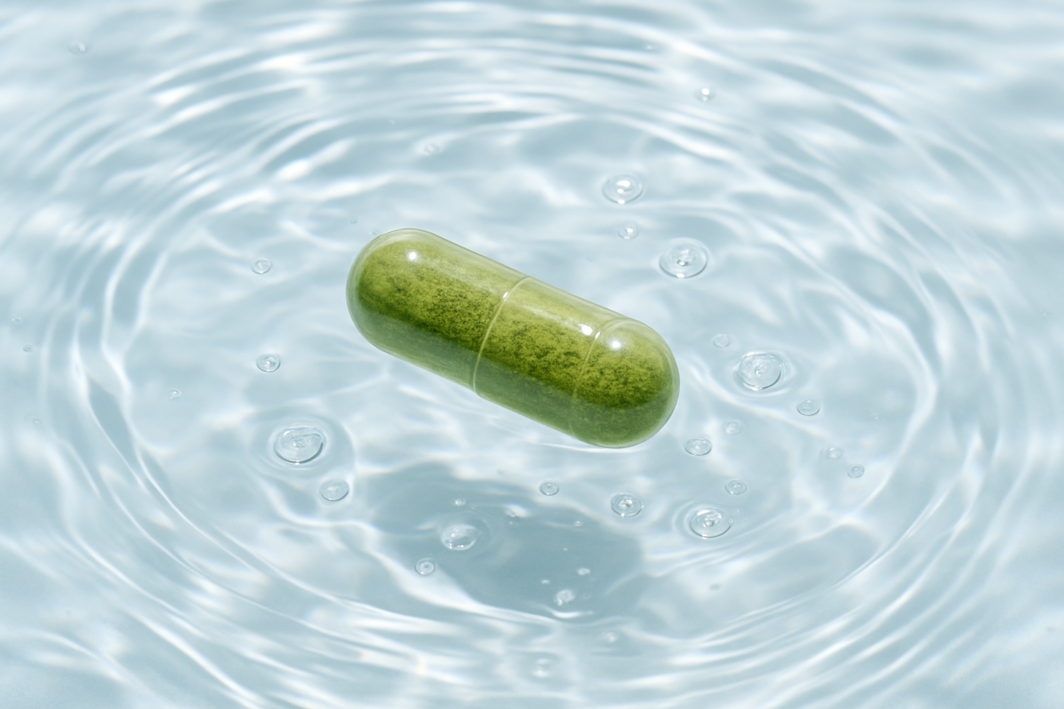 make a photo of a singular capsule of morgina floating around water surrondng it